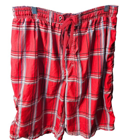 Burnside Red & White Plaid Mens Drawstring Swim Trunks With Mesh Lining Size L - Picture 1 of 6